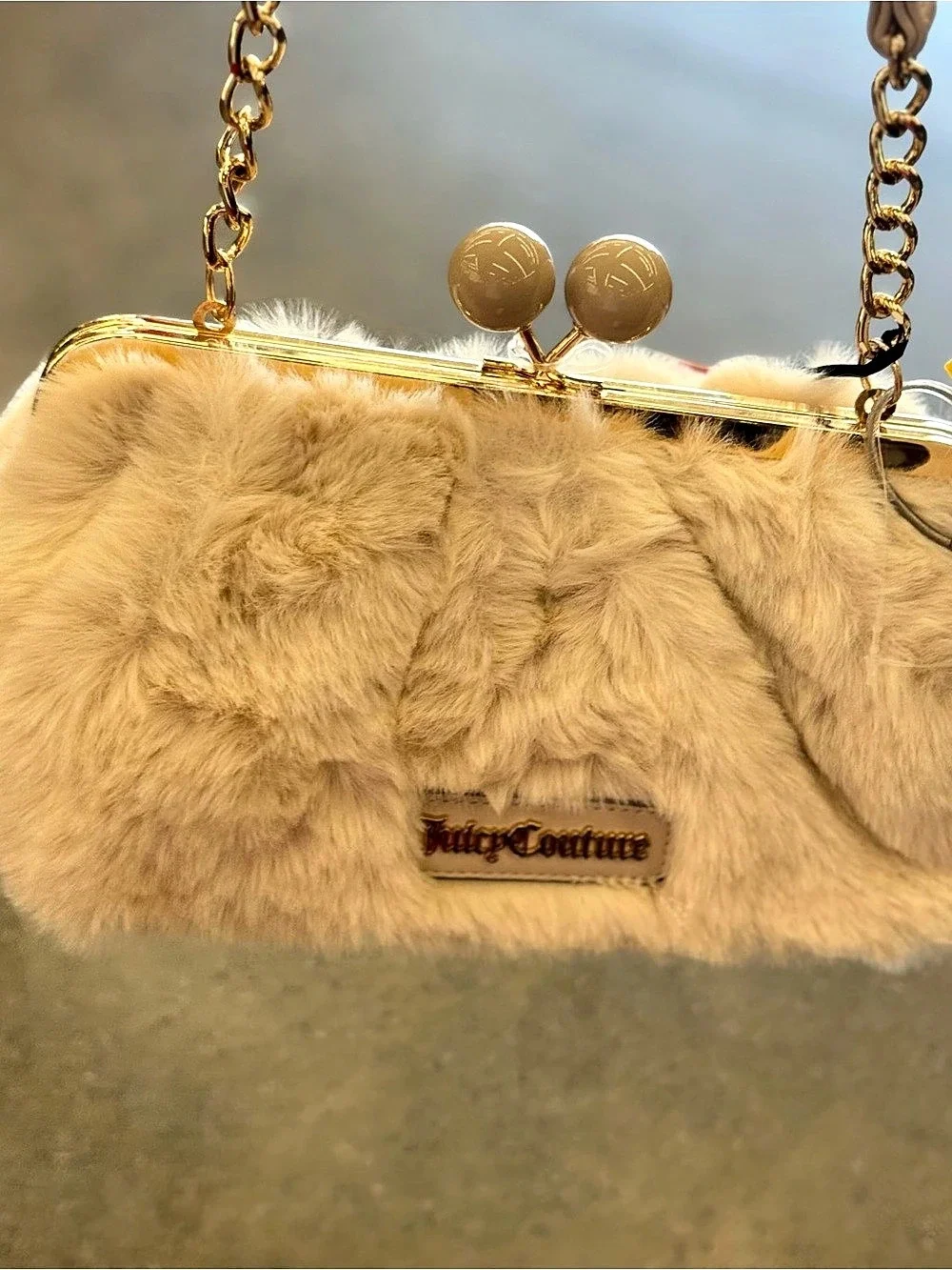 Juicy Couture Faux Fur Kiss-Lock Clutch in Beige NWT